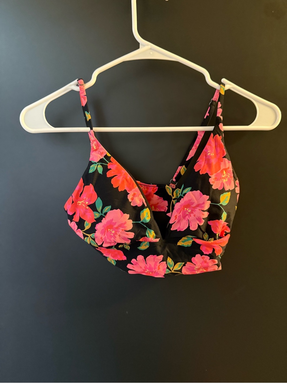 Roxy Floral Bikini Top in Black with Pink Flowers
